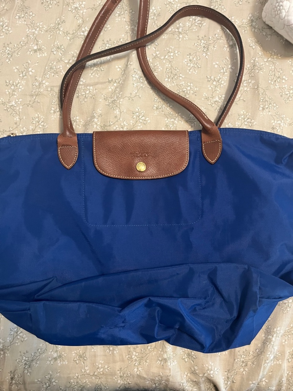 Longchamp Royal Blue Nylon Tote with Brown Leather Trim